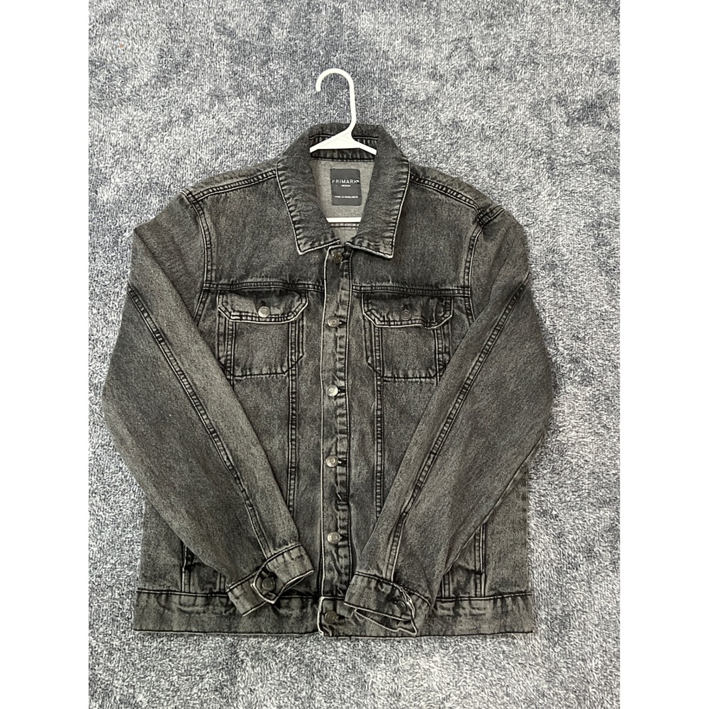 Primark Mens Washed Black Denim Trucker Jacket Medium 100% Cotton Gray Jean Coat